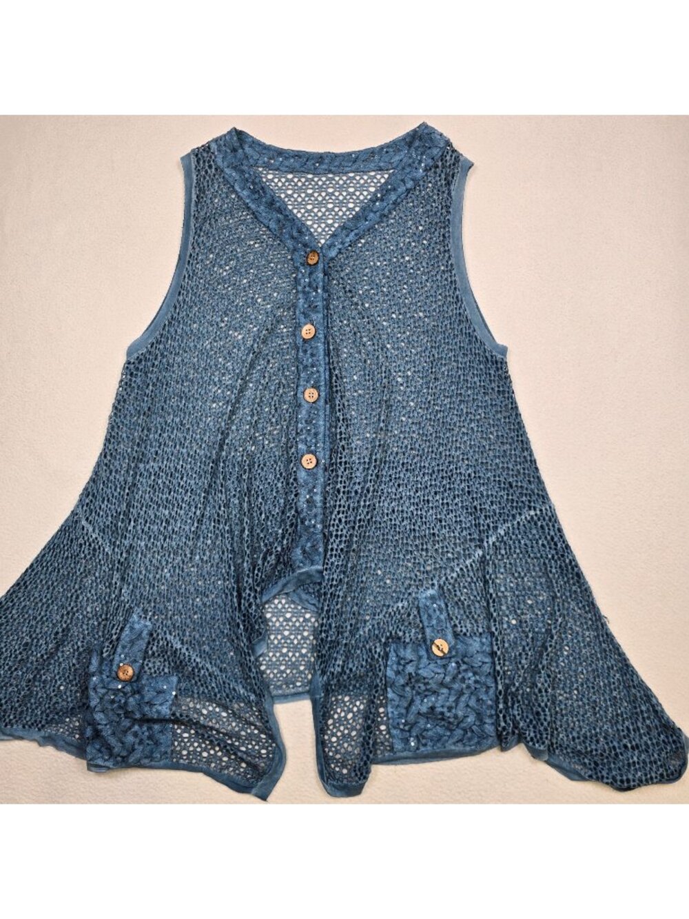 Blue Sleeveless Womens L/XL Button-Down Loose Knit Vest Boho Crochet Festival - Picture 1 of 3